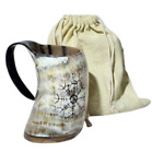 OX Natural  Dringking Horn Tankard With Helm Of Carved Design