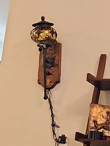 Vtg Antique Arts Crafts Wrought Iron Handblown Glass Light Wall Sconce - Picture 1 of 16
