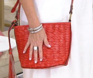 Patricia Nash Woven Leather Valbella Zip Crossbody Bag Purse Bright Coral NWT - Picture 1 of 12