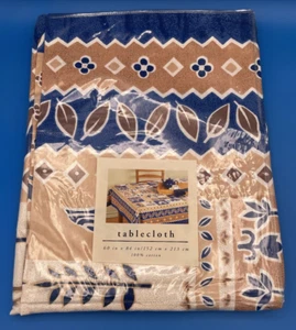 Pier 1 Imports Tablecloth 60 x 84” Blue and Tan Floral Chicken 100% Cotton India - Picture 1 of 7