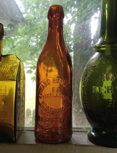 EDWARD HEFFERNAN 88 PORTLAND ST BOSTON 1890s AMBER BLOB TOP BOTTIGLIA BIRRA LUCIDA - Foto 1 di 9