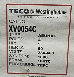 MOTOR XV0054C TECO 5HP 4P 1800RPM 184TC TEFC 230/460V NUEVO INVENTARIO - Imagen 1 de 4