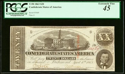 1863 $20 Confederate States of America T-58 - PCGS 45 - GREAT COLOR! - Image 1 of 2
