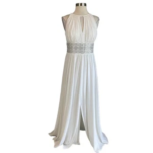 R&M Richards Women's Formal Dress Size 6 White Beaded Halter Evening Gown - Picture 1 of 10