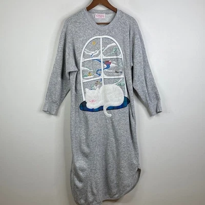 Vintage Nightgown Womens Medium Large Gray Fleece Kitten Cat Cozy Sweatshirt Foto 1 de 4