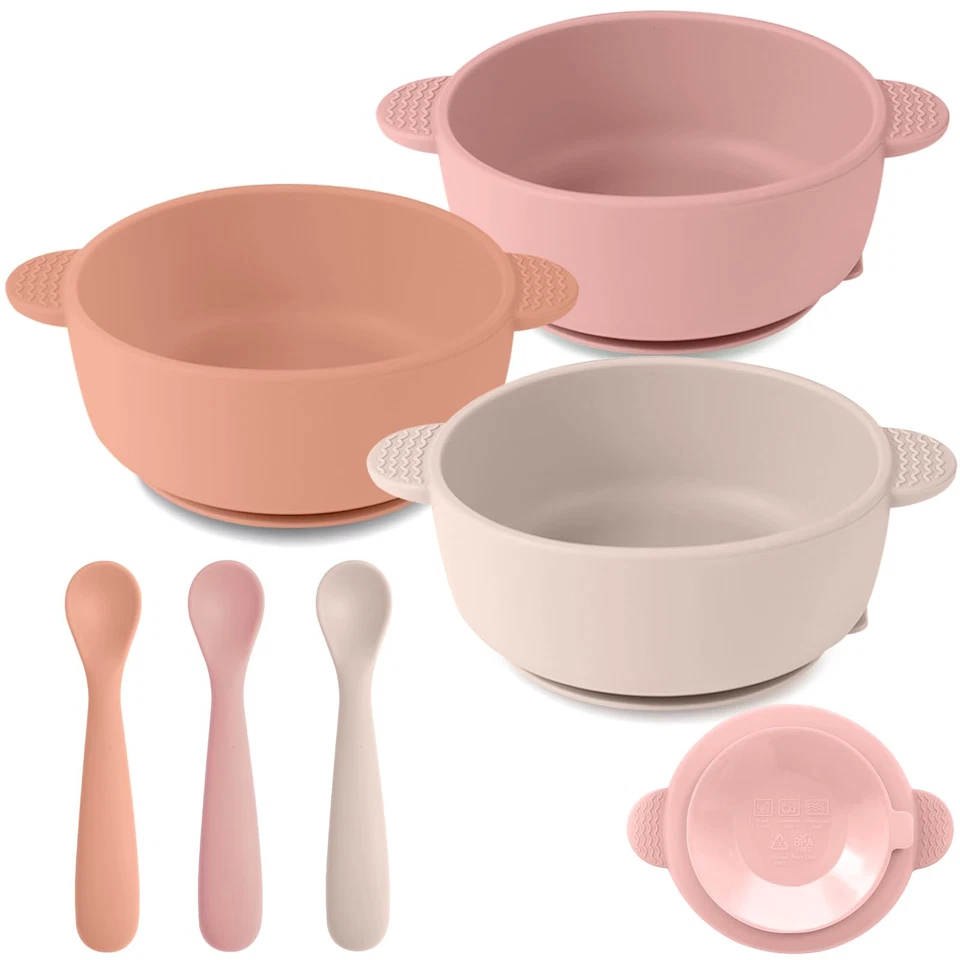 Pack de 3 cuencos para bebé Eascrozn con ventosa y paquete de 3 cucharas para bebé, sin BPA, Foto 1 de 4