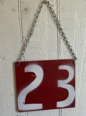 Vintage Red Metal Number Sign #23 Rustic Decor  7”x6” With Chain - Image 1 of 3