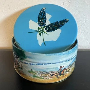 Caja de lata de galletas de colección antigua historia de Texas Chisholm Trail San Jacinto redonda azul 3x6,5 - Imagen 1 de 21