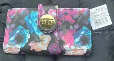 Cartera organizadora larga plegable Buxton para mujer RFID bloqueo giratorio floral en negro nueva con etiquetas Foto 1 de 4