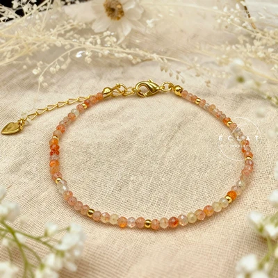 Delicate Sunstone Bracelet: 2mm Peach Gemstone Beads, Adjustable Gold-Tone Chain - Image 1 of 4