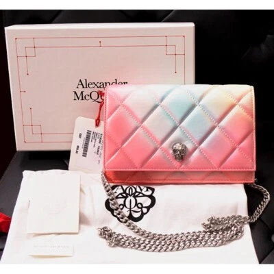 NEW $1,290 ALEXANDER MCQUEEN Pink Degraded OMBRE Leather QUILTED Skull FLAP BAG - Image 1 of 4