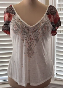 Miss Me Sz M Gauzy Studded Cap Sleeve Open Back Crochet Sequin Top Boho Peasant - Picture 1 of 7