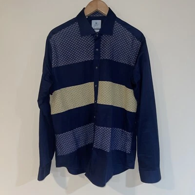 Гигантская рубашка мужская XL на пуговицах темно-синий бежевый длинным рукавом Италии блок пунктирной - Изображение 1 из 4