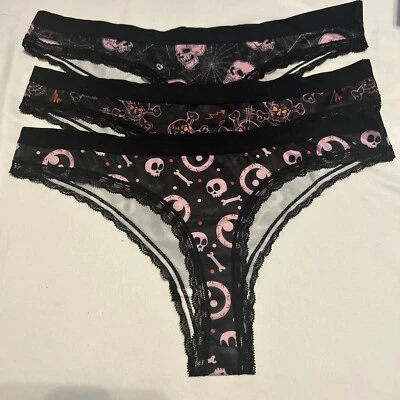 Morvia 3pk lace trim bikini goth Emo panties L skull & Bones Lingerie Underwear - Image 1 of 4