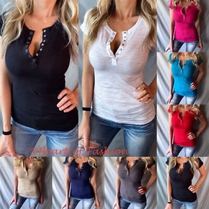 Maglietta Henley top da donna taglio basso a scatto profondo manica corta cotone burnout - Foto 1 di 20