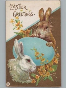 Easter Greetings Cute Bunny Rabbits Blue Egg 1913 b725 - Picture 1 of 2