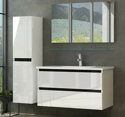 90 Badmöbel Set Komplett 90cm Hochglanz Badezimmermöbel 5 Teilig Bad 90 cm Bad T - Bild 1 von 4