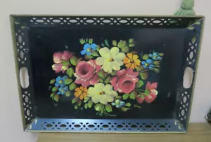 VASSOIO VINTAGE FIRMATO TOLEWARE NERO FLOREALE 16" X 23" TOLE DI LATTA E.T. NASH - Foto 1 di 8