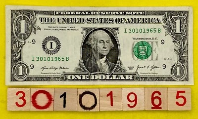 ￼30 October ￼1965 EU Birthday Note 30101965 Fancy Serial Number One Dollar Bill - Image 1 of 4