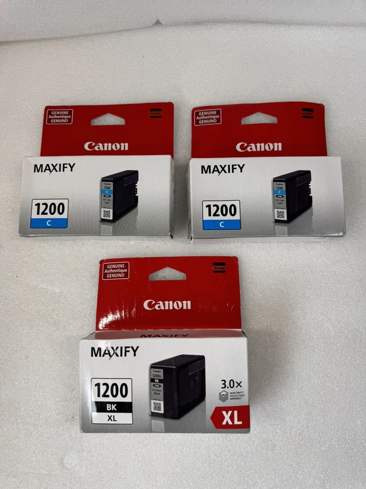 Lot of 3 Genuine Canon Maxify PGI-1200XL Black Ink and Cyan Ink Cartridges - NEW - Image 1 of 4