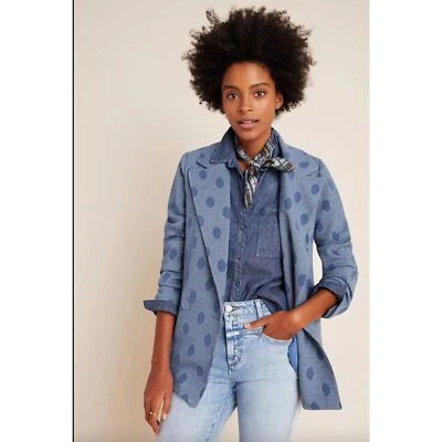 Eva Franco Anthropologie Priscilla Denim Polka Dot Blazer Blue Oversized Size S - Image 1 of 4