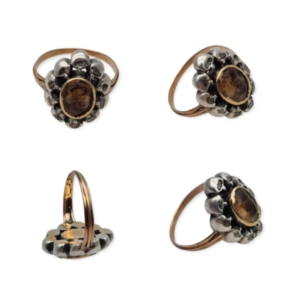 Antico anello vittoriano in oro 18k e argento con quarzo affumicato e diamanti. - Immagine 1 di 4