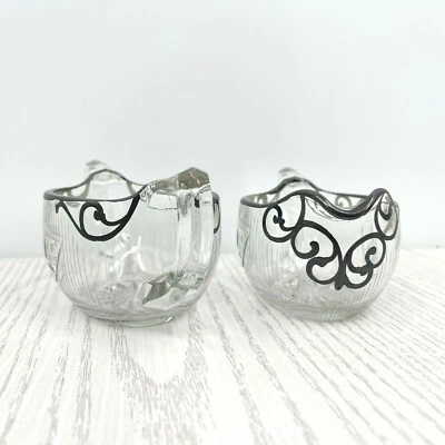 Crema de cristal transparente de vidrio prensado azucarero abierto hojas grabadas superposición plateada Foto 1 de 4