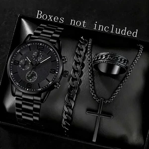 4er Set Herren Uhren Schwarz Quarz Uhr Schmuckset Modisch Business Geschenkset - Bild 1 von 5
