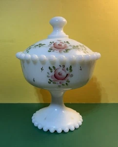 Vtg 1950's Consolidated Hand Painted Beaded Milk Glass Footed Candy Dish w/Lid - Picture 1 of 11