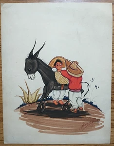 Original Vtg Mexican Folk Art Gouache Watercolor Signed G Rosales Boys Donkey - Picture 1 of 3