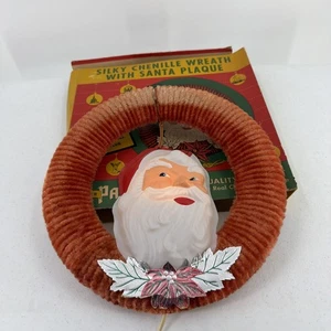 Vintage Paramount Silky Chenille Lighted Santa Wreath Plaque 1950s w/ Box - Picture 1 of 20