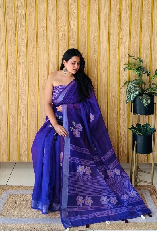 Nuevo sari de algodón de lino suave de presentación con blusa para mujer ropa de festival Foto 1 de 1