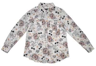 KARL LAGERFELD PARIS Womens M White Button Blouse Paris Script Chic Top - Image 1 of 4