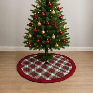Plaid Christmas Tree Skirt 48 Inch Red Green Farmhouse Holiday Decor Cotton - Picture 1 of 7