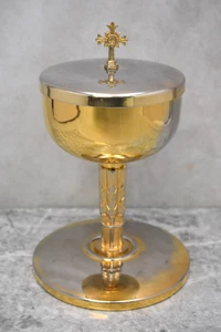 Bel vecchio calice usato ciborio, robusto, 8 1/8" ht, placcato oro (CU2214) co - Foto 1 di 11