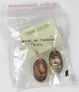 Cloisonne Earrings Dangle Flower Butterfly Black Red Vintage - NWT - Picture 1 of 7