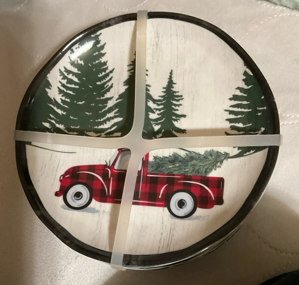 Juego de 4 Platos de Aperitivo Rojo Camión Transporte Árbol Melamina Nuevo con Etiquetas. 6,5 pulgadas Foto 1 de 4