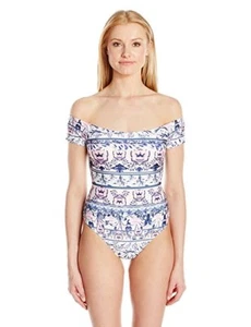 NWT Womens MinkPink Mozambique Off Shoulder 1 pc Swimsuit Sz L Multi Color - Picture 1 of 4