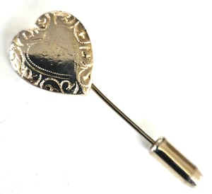 Vintage Gold Tone Stamped Textured Heart Shaped Stick Pin 1-11/16" - Picture 1 of 4