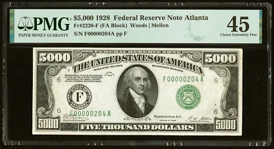 $5000-F LGS 1928 FR 2220 БАНКНОТА ФЕДЕРАЛЬНОГО РЕЗЕРВА PCGS 45 $5000 КЛАССИФИЦИРОВАННАЯ ВАЛЮТА - Изображение 1 из 4