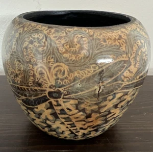 Jarrón de madera torneada pintado batik indonesio cuenco 4x3,5" mariposa libélula azul - Imagen 1 de 11
