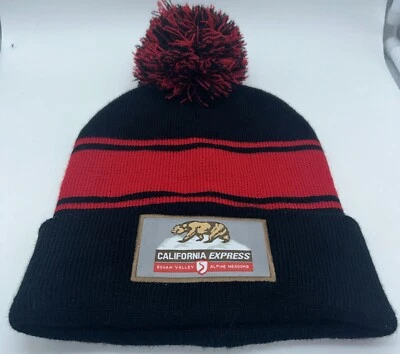Gorro de punto California Express Pom Pom, nuevo sin etiquetas, OS, unisex, negro/rojo con parche...  Foto 1 de 2