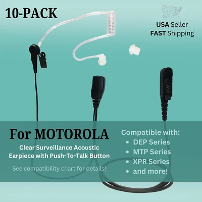 10-PACK FBI Style Acoustic Clear Tube PTT Earpiece for Motorola XPR3300e XPR3500 - Image 1 of 4