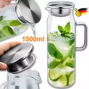 1,5Liter Glas Wasserkaraffe Glaskaraffe mit Deckel Wasserflasche Wasser Glaskrug - Bild 1 von 18