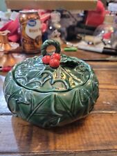 Vintage LEFTON Christmas Candy or Sauce Dish, Holly Berry, with Lid Q17 