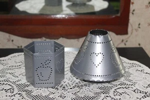 Home Interiors Punched Tin Candle Holder & Shade - Apples & Hearts Design - b5 - Picture 1 of 6