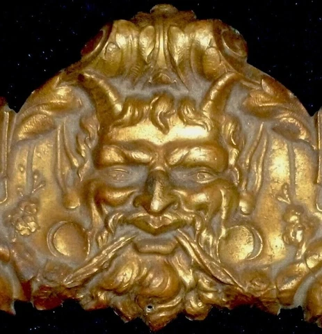FRENCH GILDED BRONZE/BRASS DECOR MOUNT PEDIMENT DEVIL, FAUN 41 x 12cm Cover