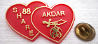 88 SHARE AKDAR SHRINERS MASON Plastic Double Red Heart Lapel Pin 1 1/2" x 1"
