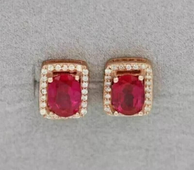 Pendiente de mujer corte ovalado enchapado en oro rosa de 14 quilates simulado rubí rojo Foto 1 de 3