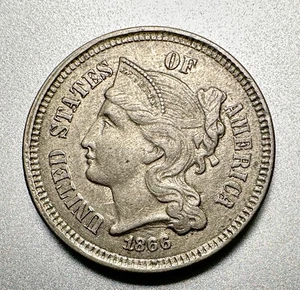 1866  3 CENT NICKEL   AU/UNC   NICE TYPE COIN  #9091 - Picture 1 of 2
